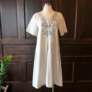 Women's Summer Linen Cotton Tunic Dress Embroidered V-Neck Oatmeal Beige Size M